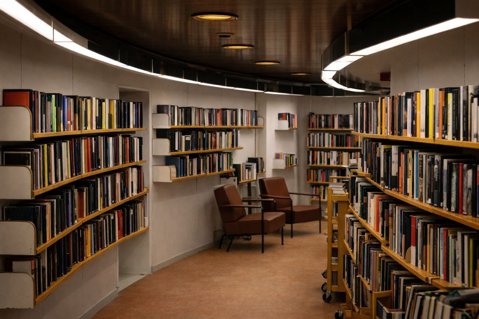 Interiör av ett välfyllt bibliotek med bokhyllor och fåtöljer.